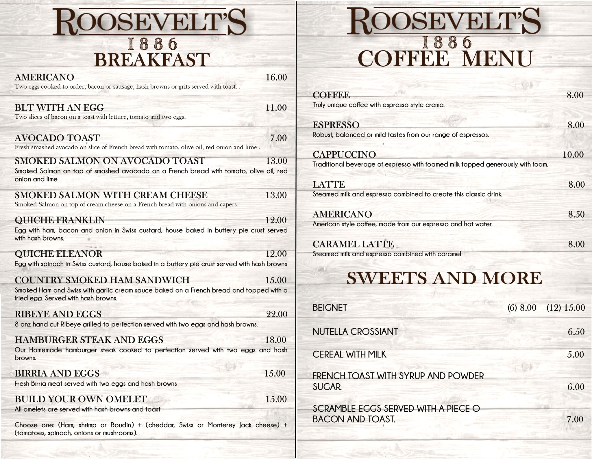 Roosevelt's 1886 menu in Port Aransas, TX.